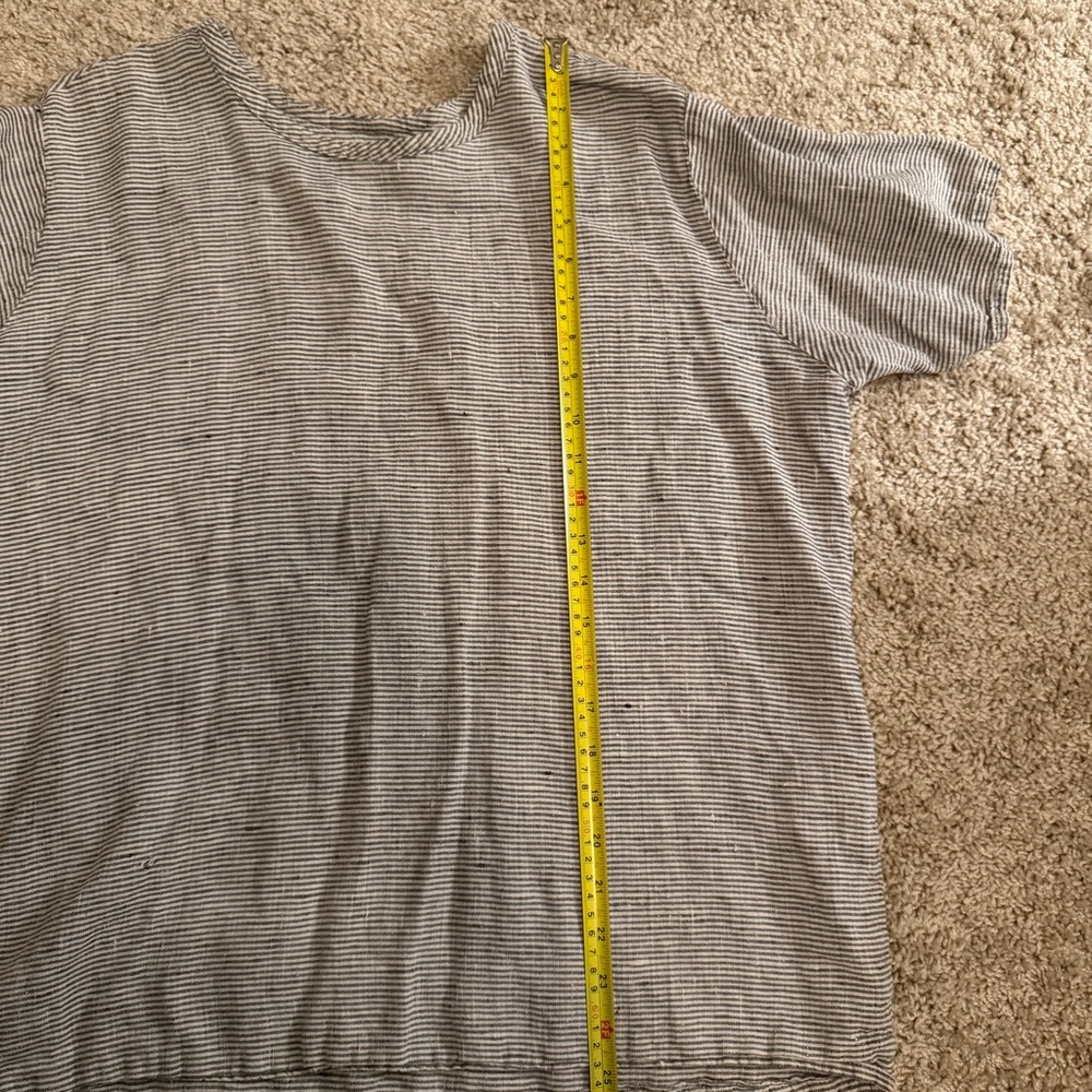 FLAX by Angelheart M Blue Taupe White Striped 100% Linen Short Sleeve T-Shirt - Picture 7 of 10